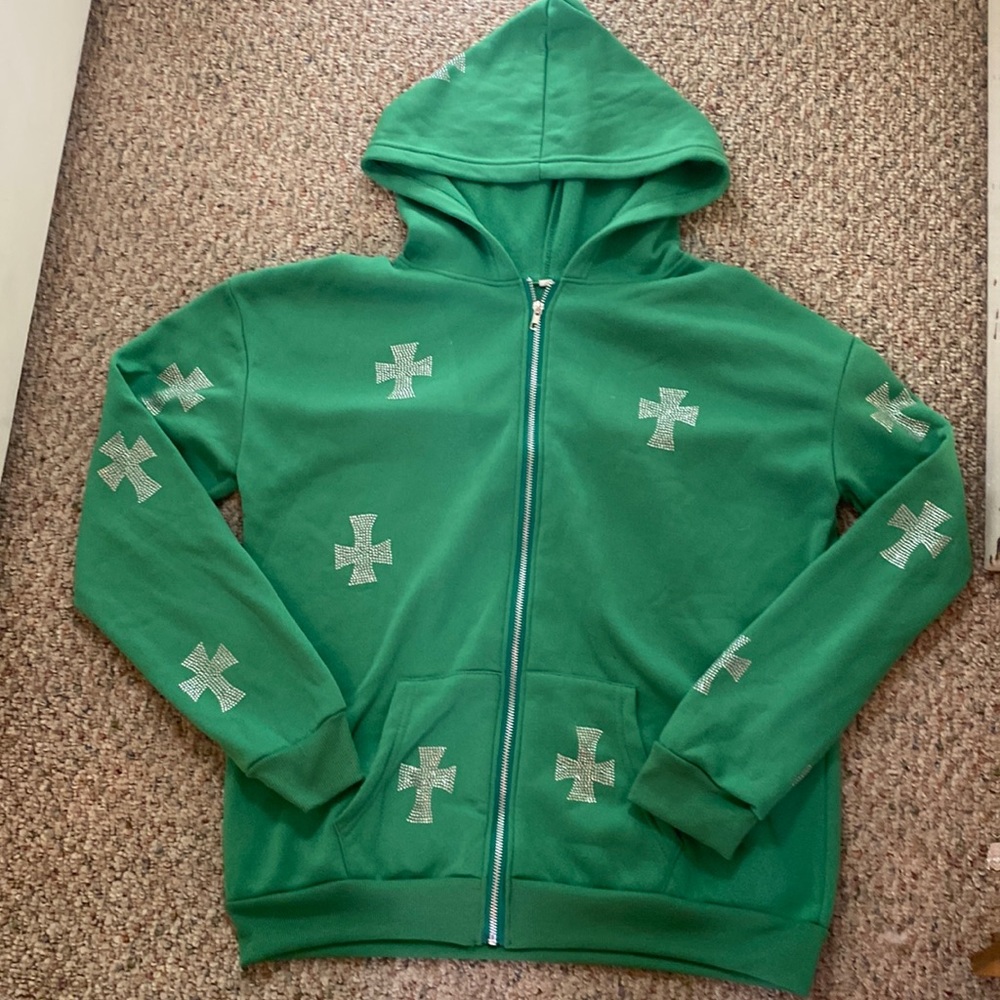 Y2K Green Rhinestone Cross Hoodie